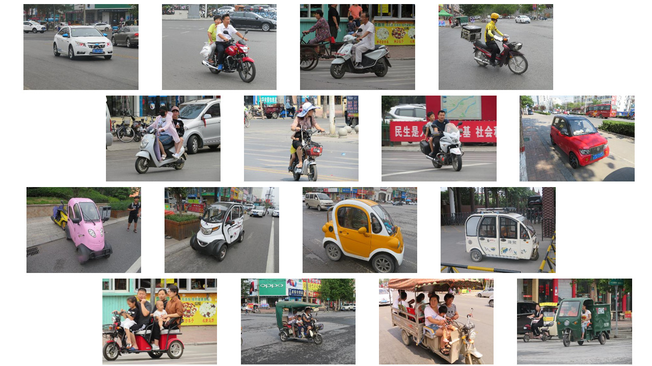 河南省の交通乗り物12種類の写真。車、バイク、電動車の写真。